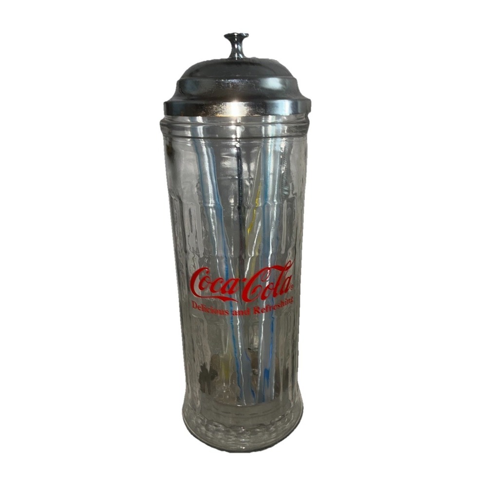 Coca-Cola Straw Holder 11" Vintage Glass Jar Dispenser Metal Lid Tray 1992 Vtg